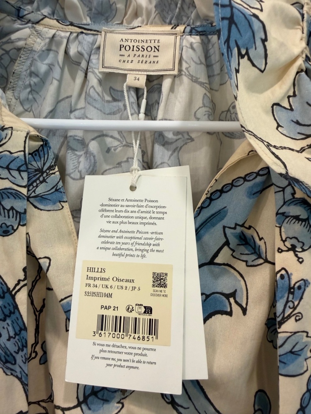 NWT SÉZANE X ANTOINETTE POISSON Hillis Blouse in Blue Birds Print Size FR - Picture 5 of 8